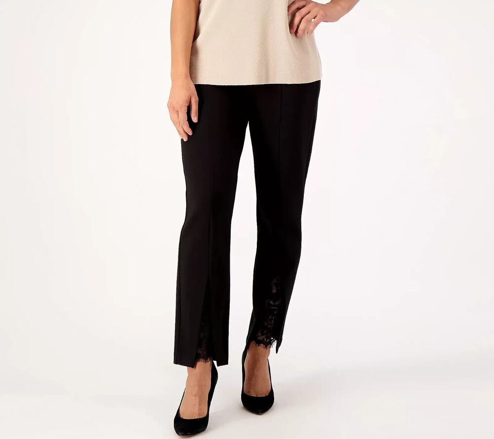 Susan Graver Occasions Womens XS Black Ponte Slim Leg Pants Lace Inset NWOT
